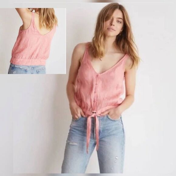 Bella Dahl 100% Linen Tie Front Button Down Crop Tank Petal Pink Sz. XS - Picture 1 of 5
